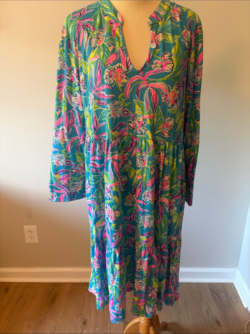Lilly Pulitzer Teal Floral V-Neck Long Sleeve Dress with Pink & Green Accents